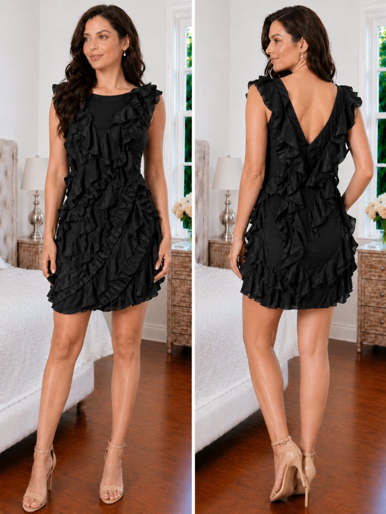Marchesa Notte Black Silk Ruffle Cocktail Dress $795